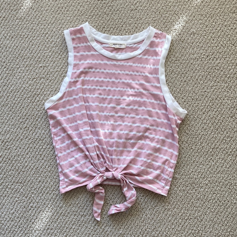 Heart & Hips Pink White Striped Crop Tie Tank Top Cotton Stretch Crew Shirt S